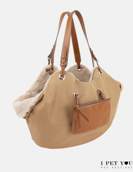HAVANA NYLON TULIP BAG LEATHER HANDLES WITH ECO FUR COAT