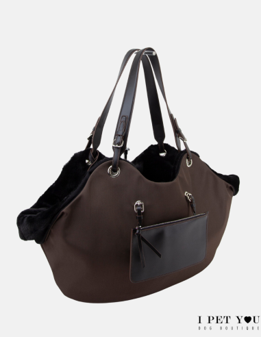 CHOCO BLACK NYLON TULIP BAG LEATHER HANDLES WITH ECO FUR COAT