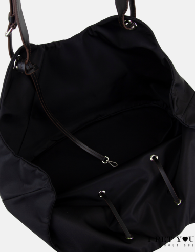 BLACK NYLON TULIP BAG LEATHER HANDLES