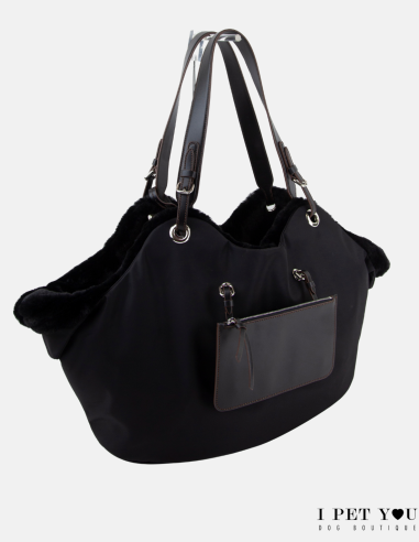 BLACK NYLON TULIP BAG LEATHER HANDLES WITH ECO FUR COAT