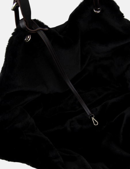 BLACK NYLON TULIP BAG LEATHER HANDLES WITH ECO FUR COAT